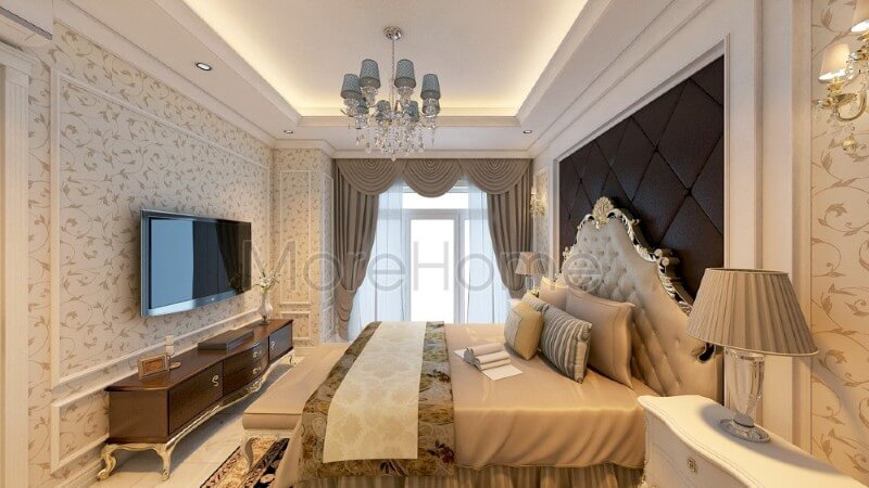Thiết kế nội thất phòng ngủ bố mẹ thu hút mang cảm giác sang trọng và vô cùng quý phái. Mẫu nội thất chung cư tân cổ điển