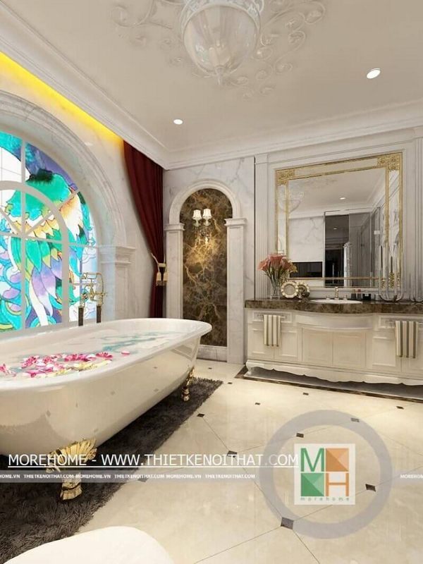 Thiết kế phòng tắm sang trọng có bồn tắm, đường nét trang trí theo phong cách tân cổ điển cao cấp cho nhà biệt thự