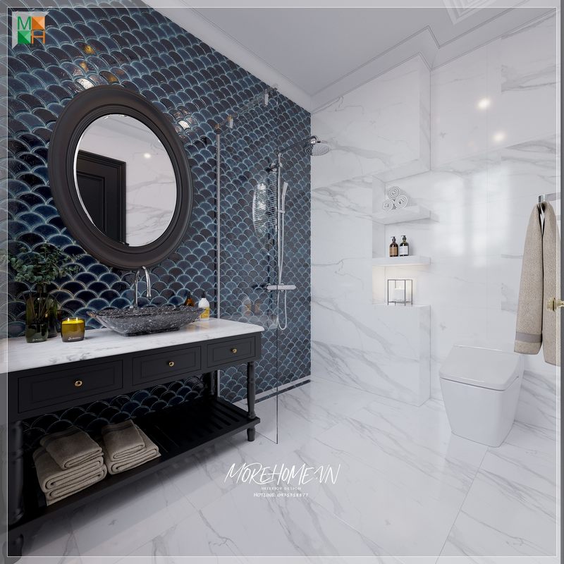 Mẫu thiết kế phòng tắm phong cách Indochine với tủ lavabo gỗ tự nhiên sơn đen sang trọng