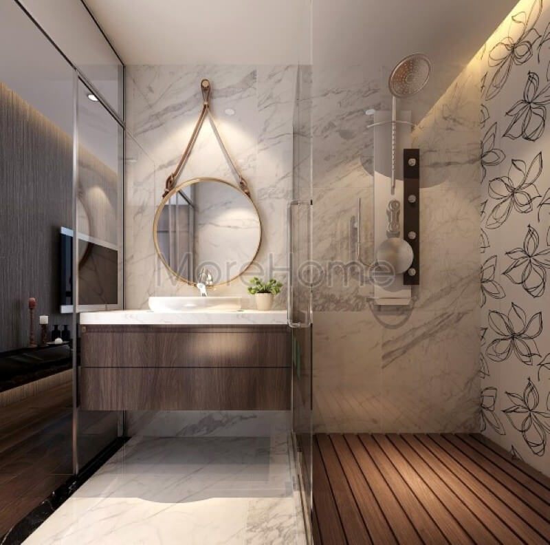 Đá ốp tường nhân tạo màu trắng được coi là sự lựa chọn thú vị của gia chủ, không gian phòng tắm thêm phần sạch sẽ và sang trọng hơn