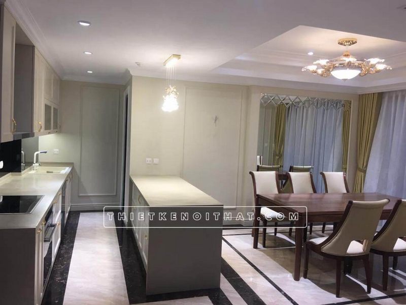 Phòng ăn chung cư tân cổ điển sẽ được trang bị nội thất gỗ óc chó cao cấp để tạo nên sự sang trọng.